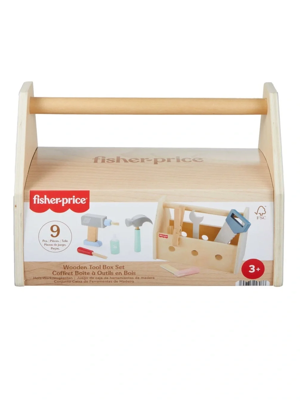 Fisher-Price Wooden Tool Box with Toy Drill Hammer Pliers Saw Wrench *NEW*